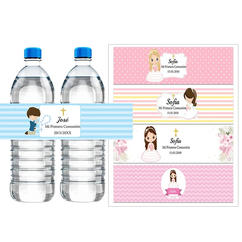 Custom Boys Girls Mi Primera Comunión Decor Water Bottle Labels Stickers Christening Baptism Communion