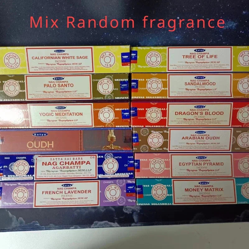 12box/6box Satya India Stick Incenses White Sage Sandalwood Palo Santo Peruvian Sacred Wood Aromatherapy Home Incense NAG Champa