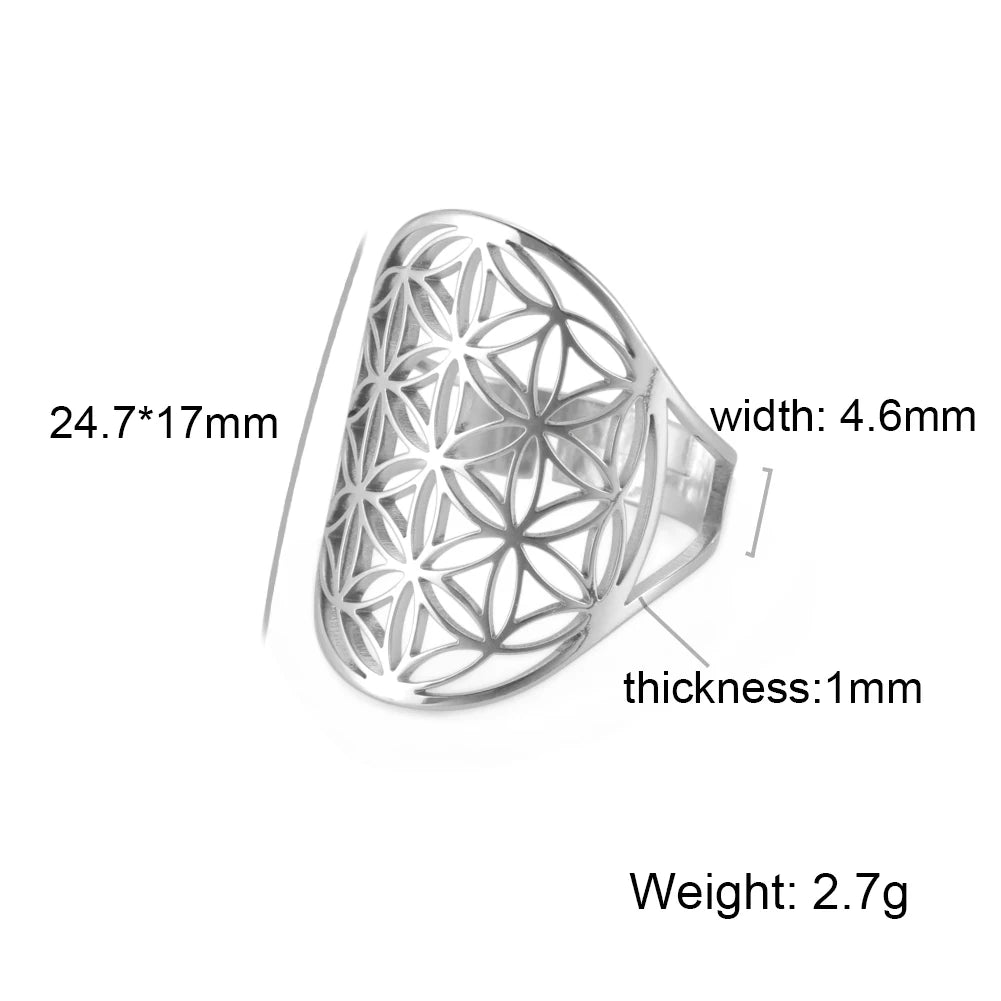 Unift Sacred Geometry Flower of Life Ring Adjustable Stainless Steel Ring Men Women Accessories Vintage Filigree Jewelry Gifts