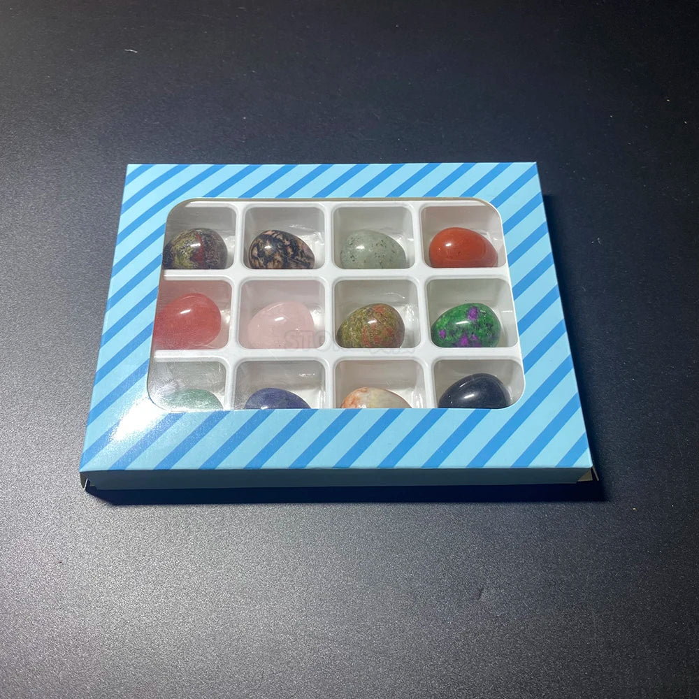 EG2 12Pcs Mini Natural Stone Egg Set, Small Polished Egg Shaped Stone for Meditation Stress Relief Palm Desk Decor Gift