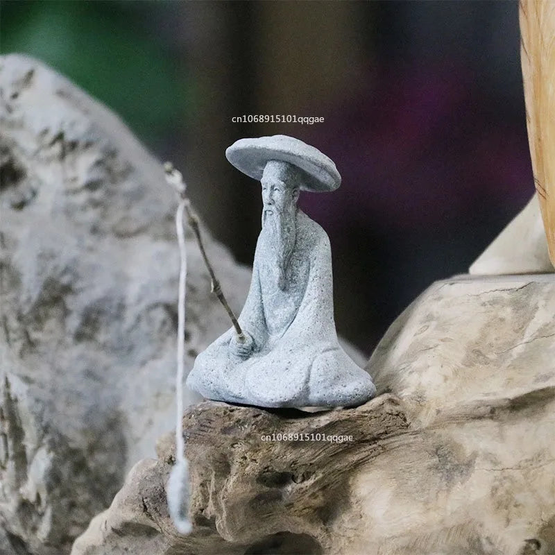 Fish Tank Garden Sitting Fishing Sandstone Vintage Ornament Aquarium Mini Fisherman Statue Asian Zen Decoration  Home Decor