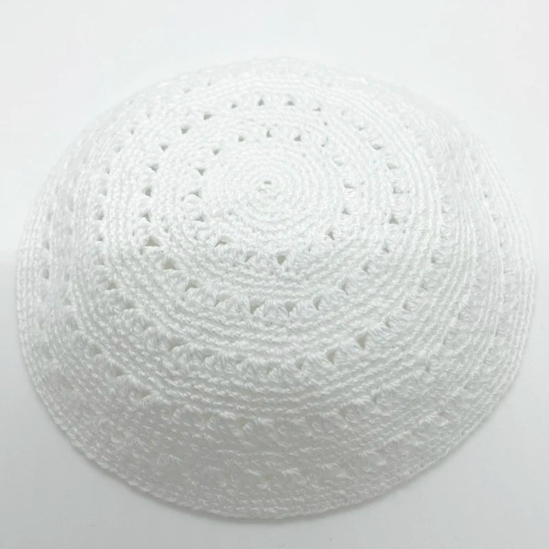 White DMC Kippah Dome Handmade Knitted Yarmulke Kippot 16/19cm Dome