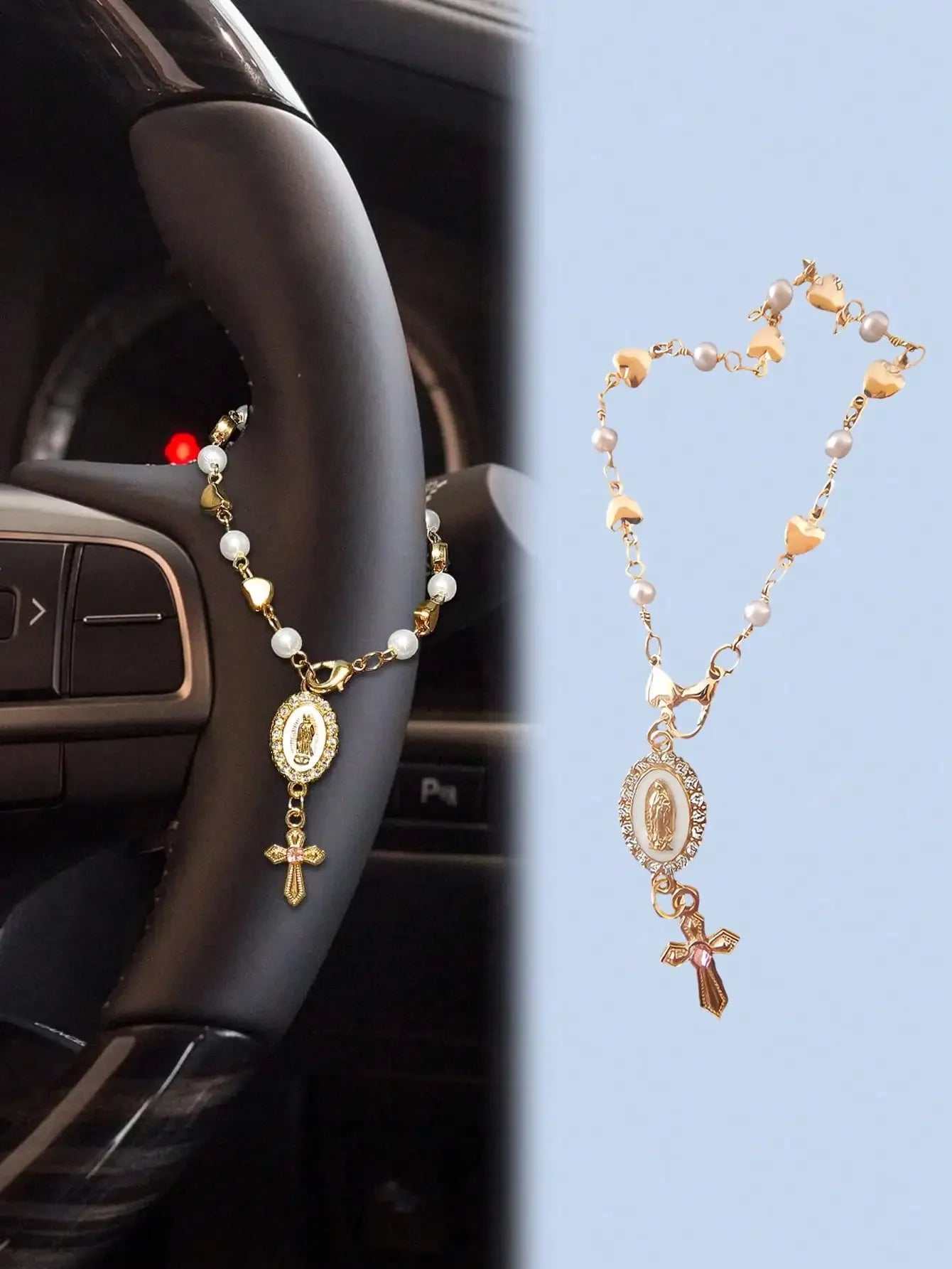 1PC Religious Rosary Car Hanging Ornament – Can Be Used as Decoration for Rearview Mirror or Steering Wheel