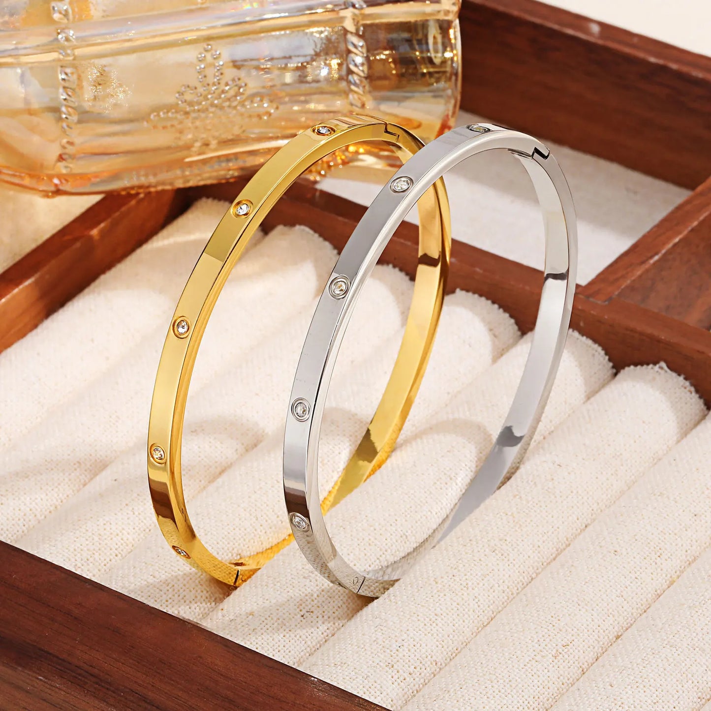 Vnox Waterproof Luxury Bangles Round Zircon For Women,Stainless Steel Classic Wrist Bracelets,Hand Jewelry Mother's Day Card