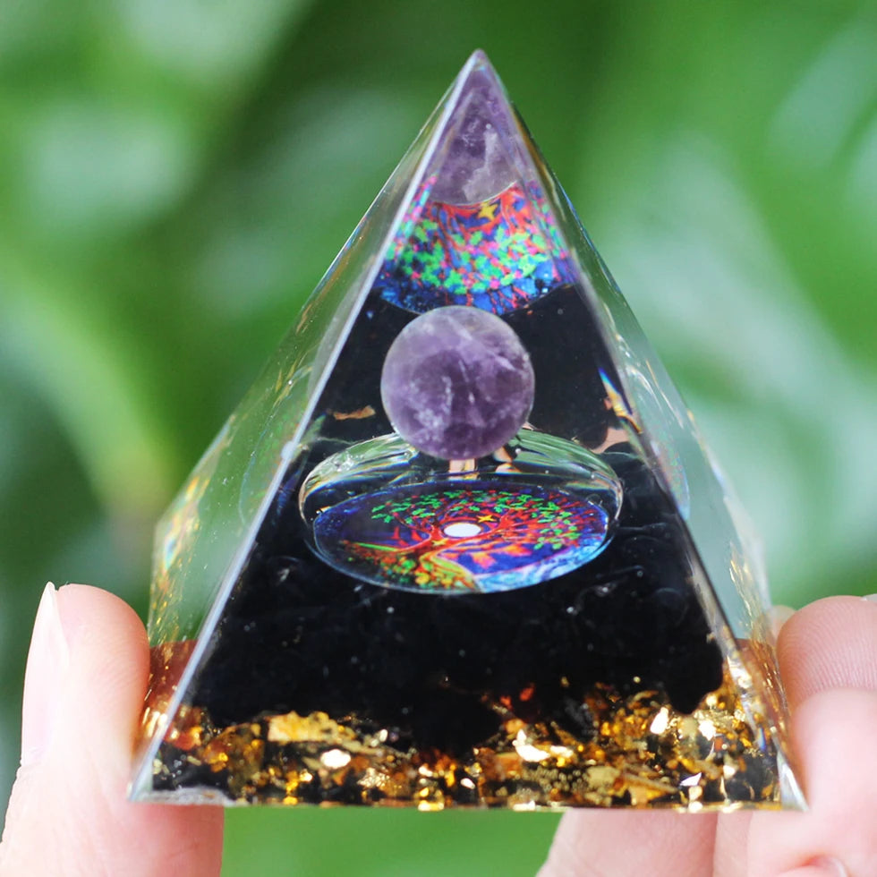 Energy Pyramid Orgonite Reiki Natural Amethyst Ball Healing Crystals Chakra Tool Ornaments Resin Stones Craft Kids Gift Pyramid
