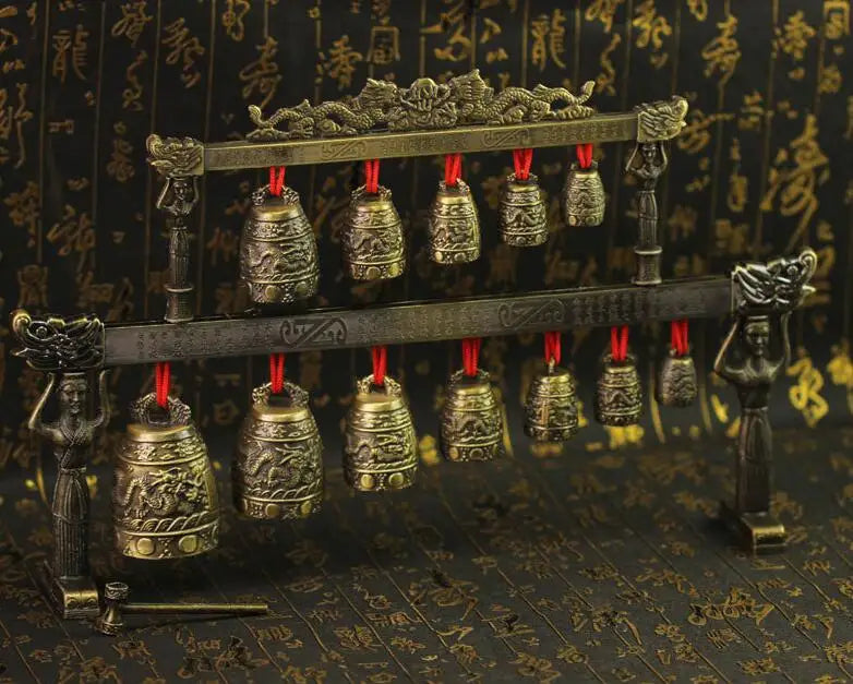 Chinese Old Meditation Gong with 7 Ornate Bell with Dragon Design Chinese Musical Instrument decoration bronze factory outlets