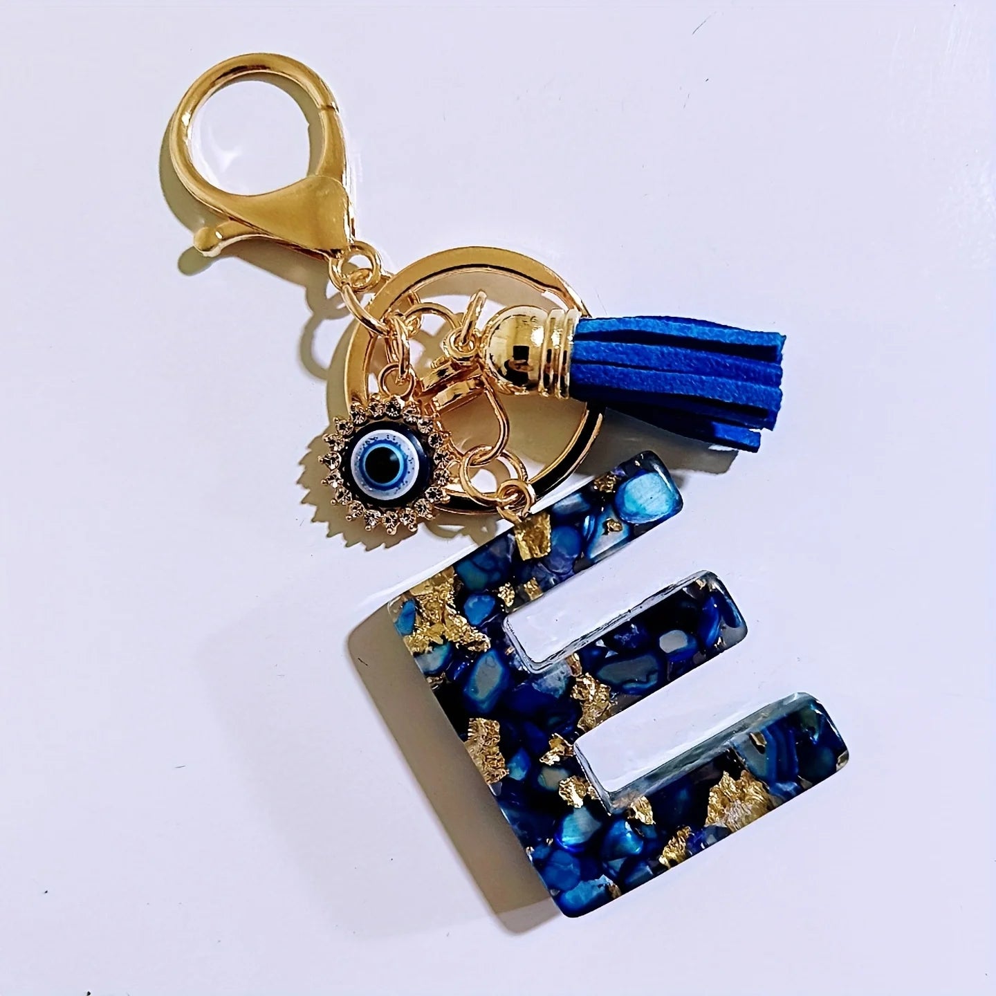 Blue Resin Initial Keychain - Evil Eye Letter Charm with Rhinestones & Tassel, Stylish Gift for Women, Lobster Clasp Accessory