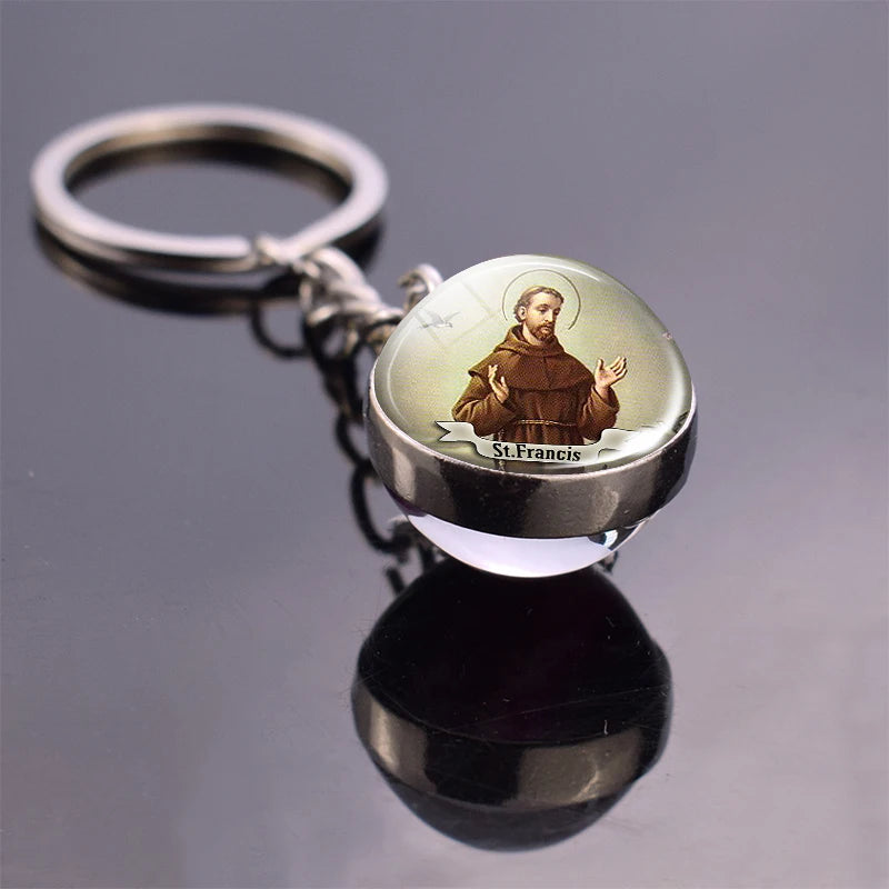 Religious Keychain St Francis Double Sided Key Chains Catholic Glass Ball Pendant Keyring Jewelry Keychain Jesus Christian Gifts