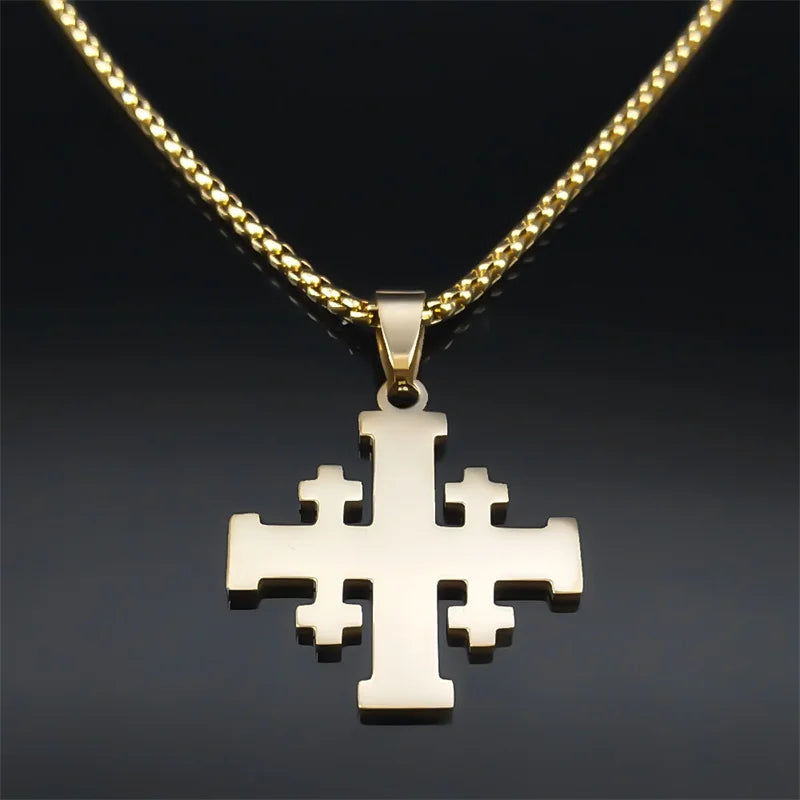 Christian Jerusalem Cross Pendant Necklace for Men Women Stainless Steel Bible Verse Lord's Prayer Chain Jewelry collar N3239S02