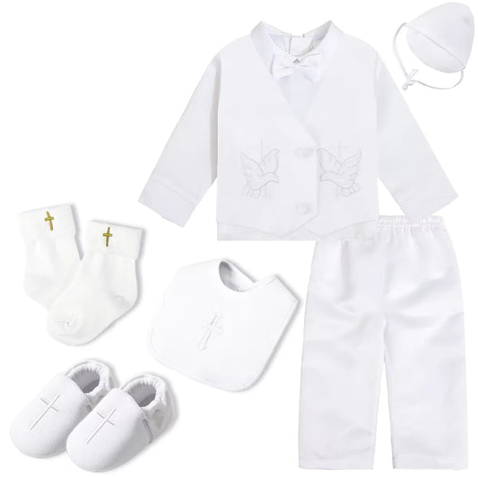 Baby Boys Baptism Outfits Infant Wedding Birthday Party White Cartoon Dove Newborn Formal Gentleman Suits Christening Clothes