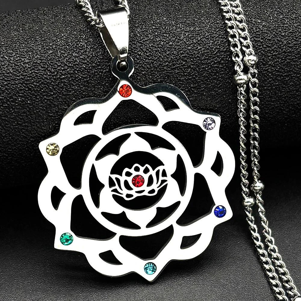 7 Chakra Sacred Geometry Metatron Necklace for Women Flower of Life Stainless Steel Stone Necklaces Reiki Healing Jewelry 9758