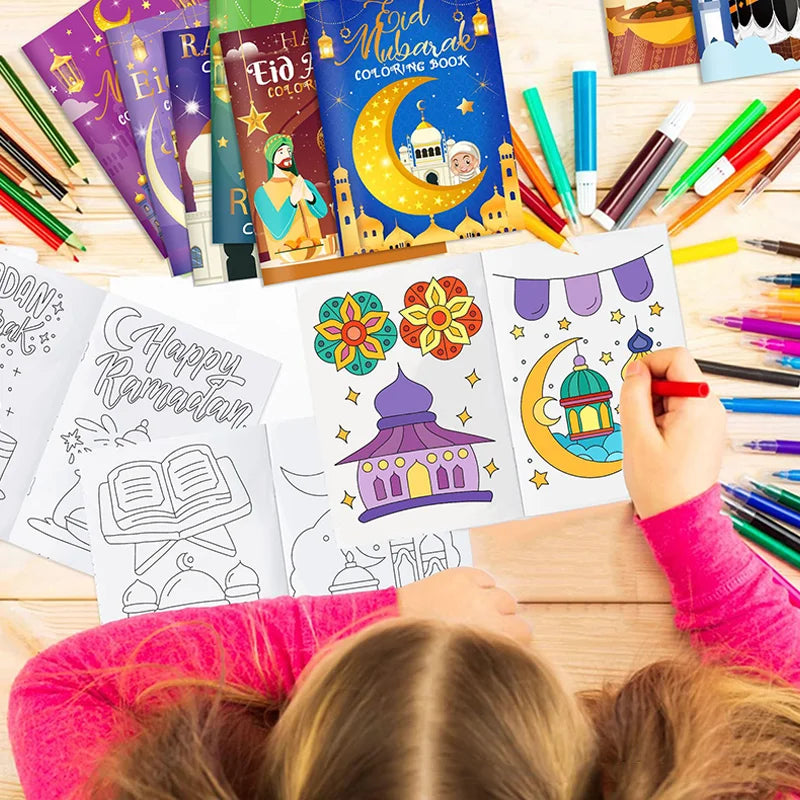 16PCS/1SET Ramadan Eid Mubarak Party Mini Coloring Book for Kids Muslim Festival Graffiti Painting Activity Party Supplies Gift