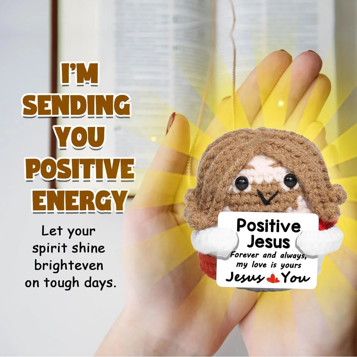 Funny Crochet Emotional Support Jesus Doll With Card Desktop Ornament Handmade Knitted Jesus Dolls Christmas Gifts Home Decor