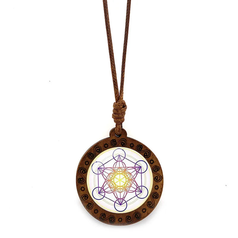 Vintage Archangel Metatron Cube Wooden Necklace Sacred Geometry Hexagram Sri Yantra Amulet Jewelry