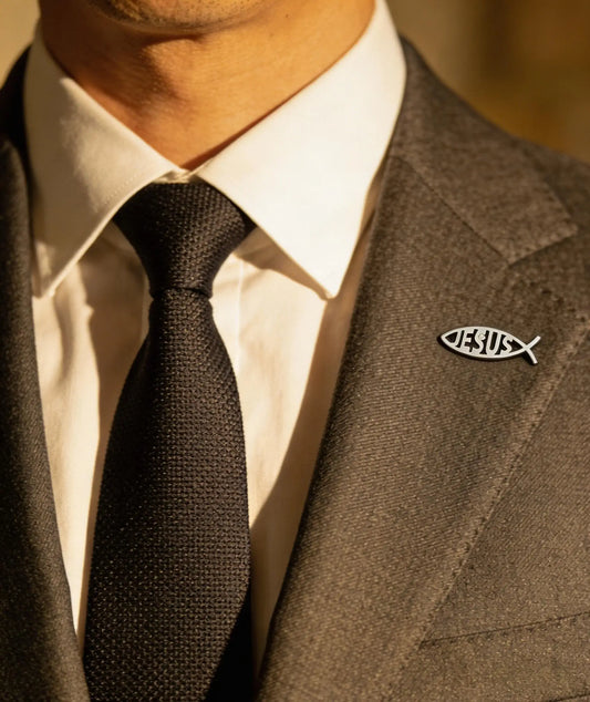 Men's Silver Jesus Fish Brooch, Christian Ichthys Lapel Pin, Religious Faith Suit Accessory, Unique Gift for Believers