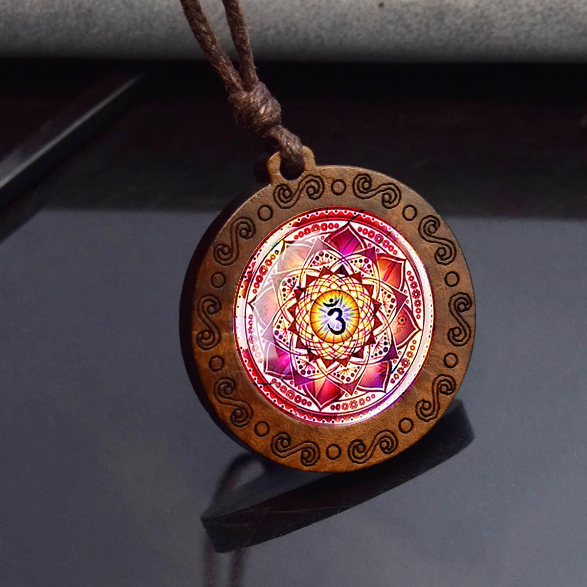 Sri Yantra Mandala Glass Necklace Wood Pendant Buddhist Sacred Geometry Jewelry Spiritual Yoga Gift