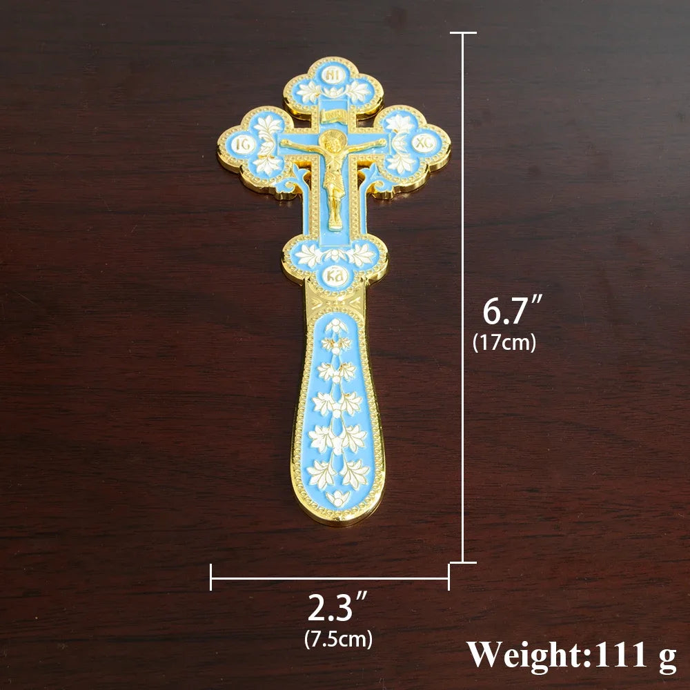 HTISOK Orthodox Blessing Handheld Church Cross Gold Plated Colorful Enamel Jesus icon Cross INRI Crucifix Single Face Jesus