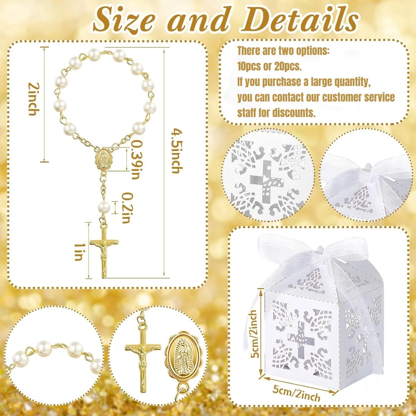 10/20pcs Christening Acrylic Rosary Beads Faux Pearls with Cross Christening Gift Box for Christening Wedding Party Favors