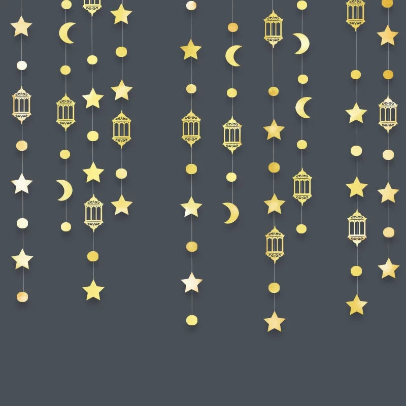 3M Gold Silver Star Moon Lantern Garland Ramadan Eid Mubarak Hanging Streamer Home Decoration Muslim Islamic Party 2025