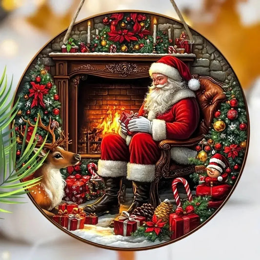 Vintage Santa Claus Circular Wooden Sign, Suitable for Homes, Living Rooms, Garages, Coffee Shops, Christmas Decorations, Gifts