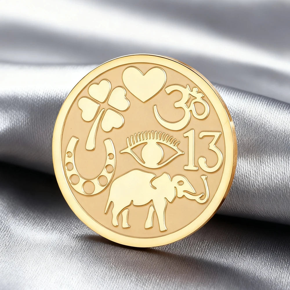 Dawapara Good Luck Symbols Brooch Elephant Clover Hoeseshoes Evil Eye Religious Spiritual Amulet Stainless Steel Lapel Pins