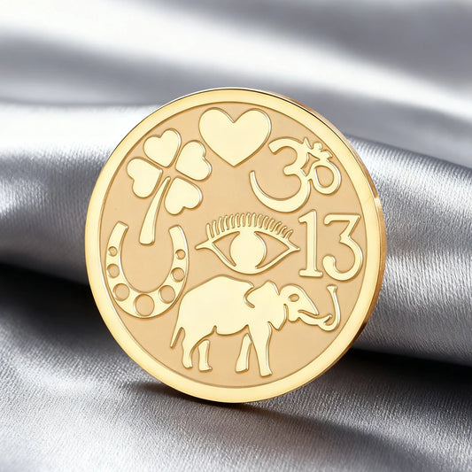 Dawapara Good Luck Symbols Brooch Elephant Clover Hoeseshoes Evil Eye Religious Spiritual Amulet Stainless Steel Lapel Pins