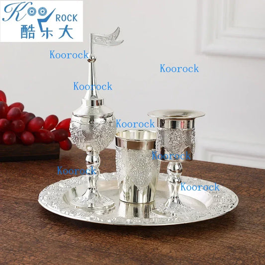 Kiddush high foot cup and tray, Havdalah candle holder, Besamim spice box Havdalah 4pcs set, suitable for the end of the Sabbath