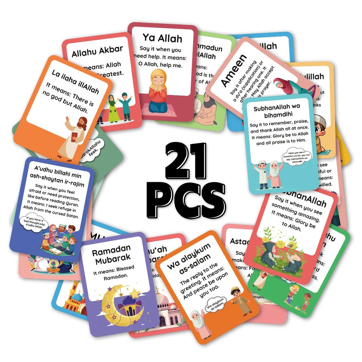 21pcs Vibrant Islamic Common Expressions Phrase Stationery Flashcards,Ramadan&Eid Gifts,Religious Educational Tool Learning Card