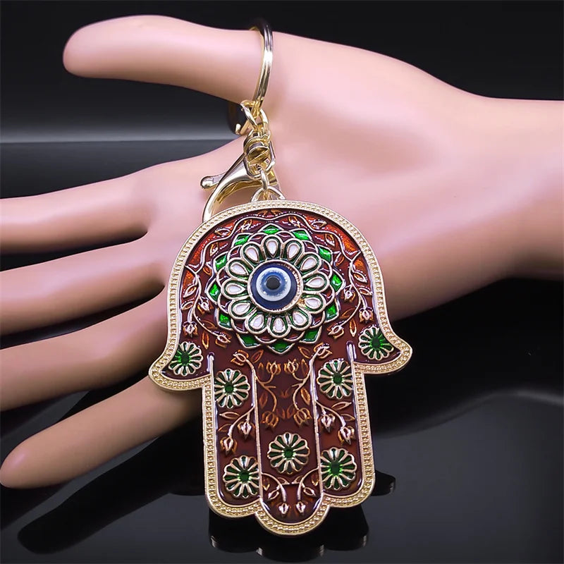 Islam Hand of Fatima Turky Blue Eyes Keychain Lucky Eye Hamsa Hands Flower Keyring Pendant Men Women Jewelry chaveiro para carro