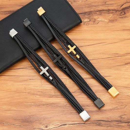 XQNI New Cross Men's Leather Bracelets Stainless Steel Magnet Clasp Charms Fashion Punk Bangle Homme Christian Jewelry Gifts