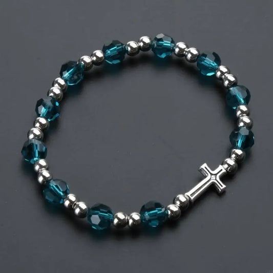 12PD Crystal Beads Stretch Rosary Bracelets with Crucifix Pendants Prayer Bracelets for Men Women Unisex Jewelry