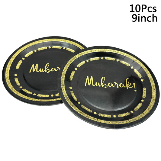 10Pcs Eid Umrah Mubarak Ramadan kareem Party Disposable Paper Plates Cup Napkin Islamic Muslim Eid al-fitr Decoration Supplies