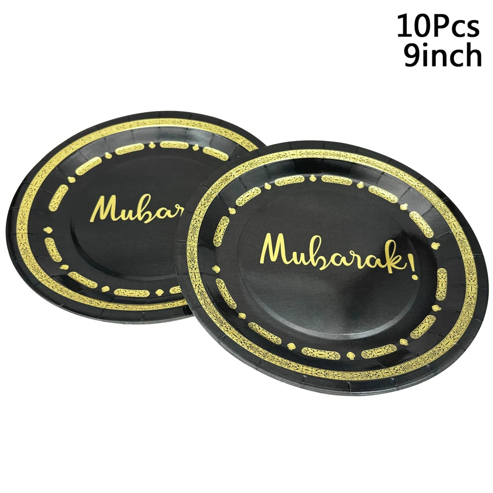 10Pcs Eid Umrah Mubarak Ramadan kareem Party Disposable Paper Plates Cup Napkin Islamic Muslim Eid al-fitr Decoration Supplies