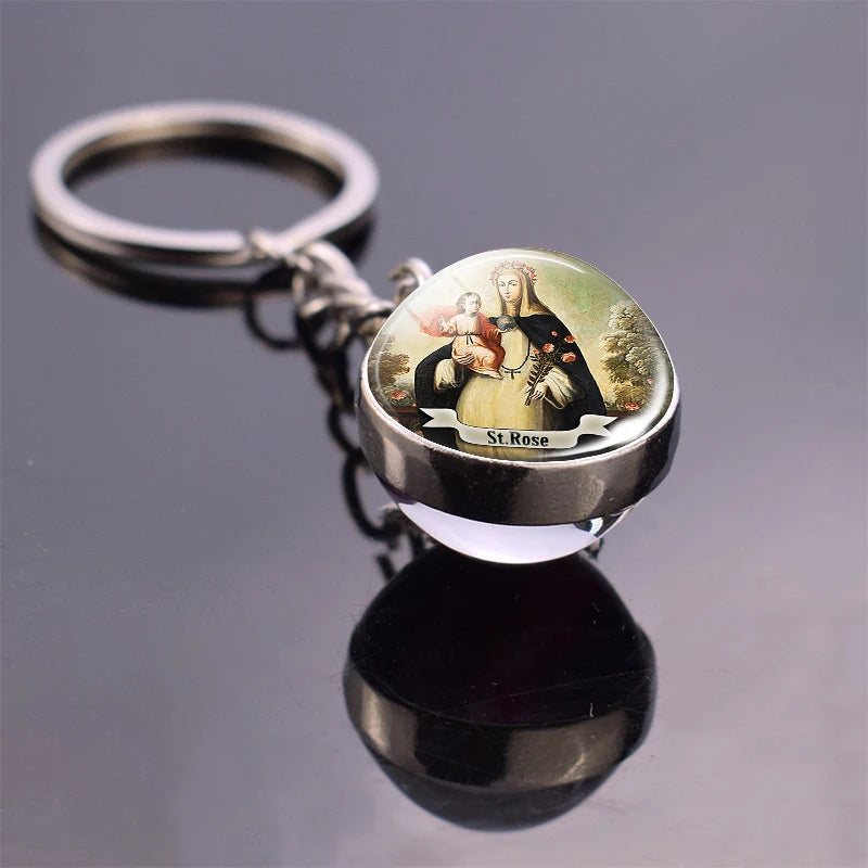 Religious Keychain St Francis Double Sided Key Chains Catholic Glass Ball Pendant Keyring Jewelry Keychain Jesus Christian Gifts