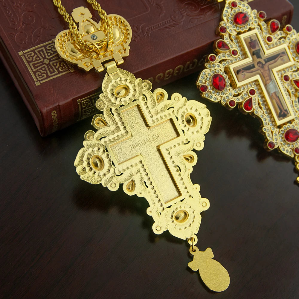 Gold Plated Catholic Orthodox Pectoral Cross with Red Green Gems and Jesus Icon Enamel for Clergy Church Liturgy Devotion Gift