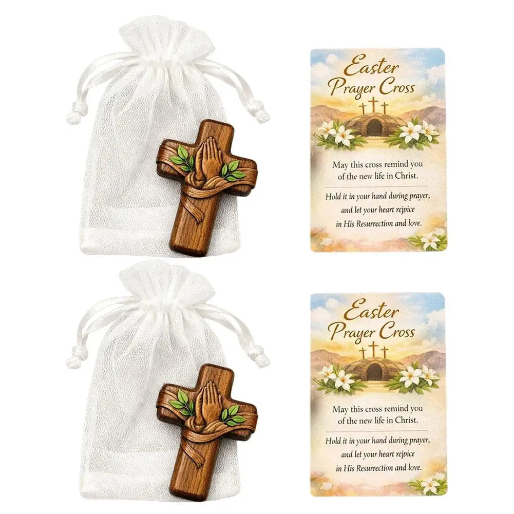 Portable Wooden Prayer Cross Pocket Card with Bag for Easter Christmas Token, Small Pocket Prayer Cross with Card Church Favors