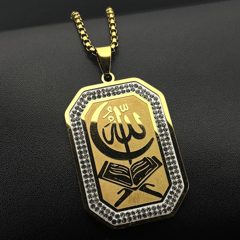 Islamic Quran Allah Crescent Moon Pendant Necklace for Women Men Stainless Steel Gold Color Rhinestones Muslim Chain Jewelry