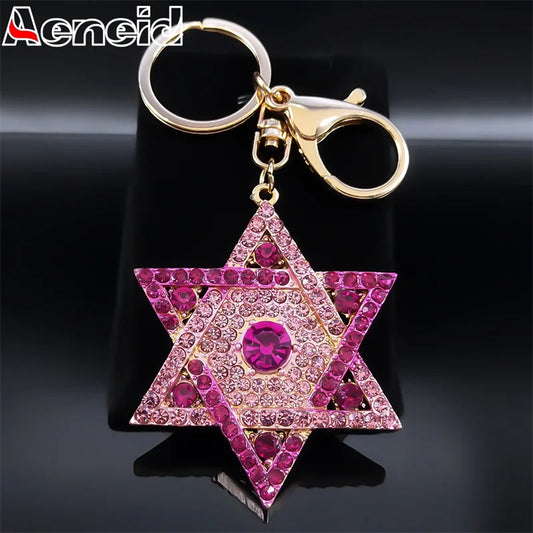 Hexagram Star of David Blessing  Keychain for Women Men Pink Rhinestone Gold Color Jewish Key Chains Jewelry chaveiro K9646S01