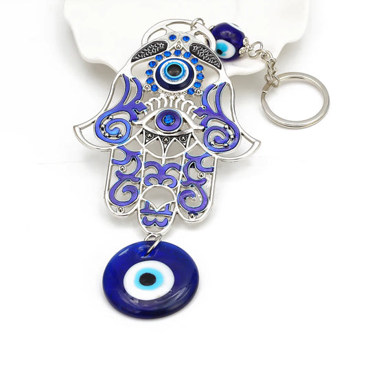 Lucky Eye Alloy Fatima Hamsa Hand Wall Hanging Glass Turkish Evil Eye Keychain Car Keyring for Women Men pulseras bijoux צמידים
