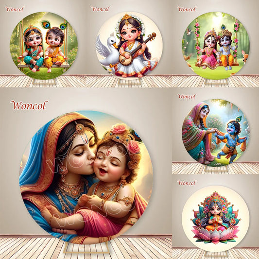 Krishna Round Backdrop Baby Baptism Backdrop Hindu God Krishna Radha Yashoda Circle Cover Indian Wedding Photography Prop