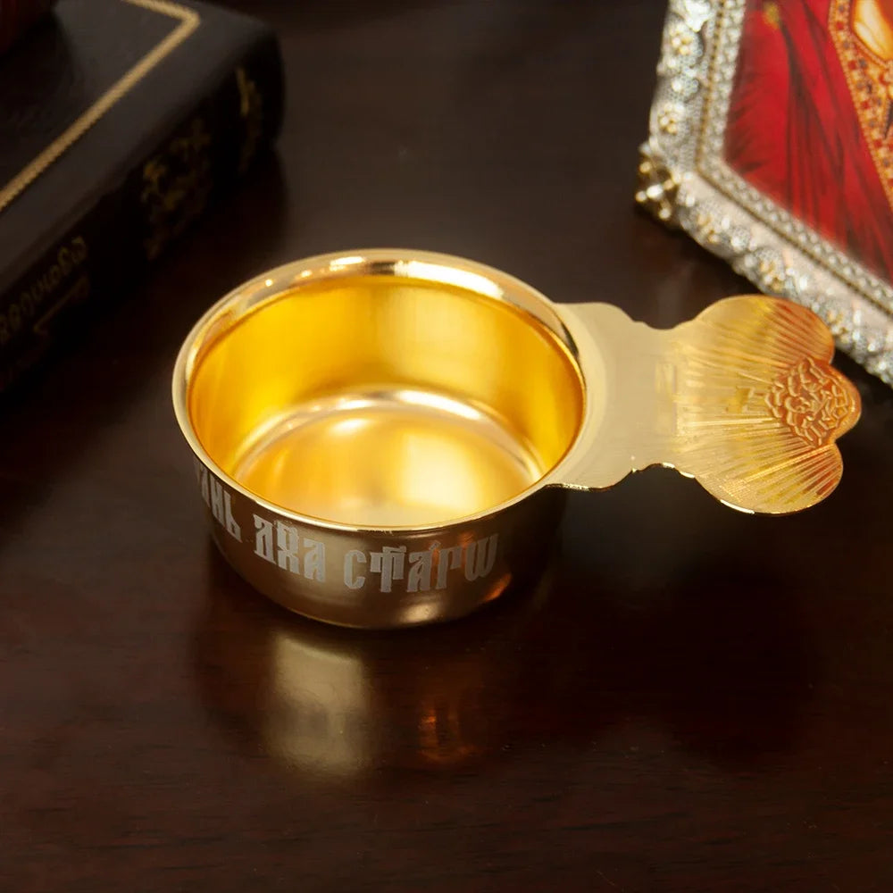 HTISOK Premium Gold-Tone Orthodox Eucharist Set: Communion Disc & Spoon, Engraved Liturgical Vessels for Church Use and Devotion