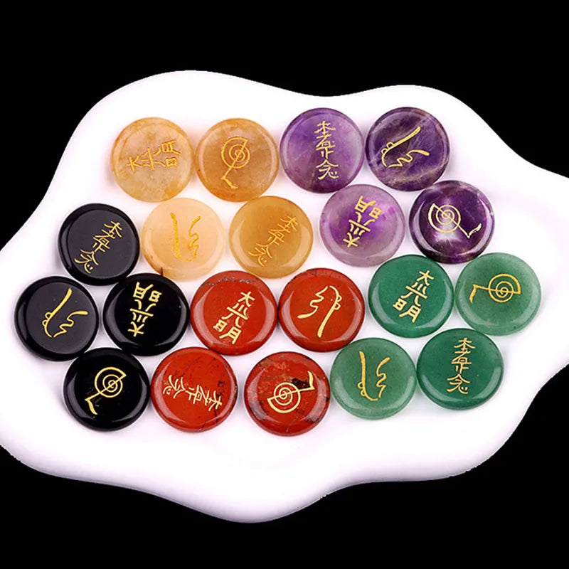 4Pcs Natural Lapis Lazuli Stones Engraved Chakra Symbols Polished Palm Stones for Reiki Crystal Healing Balancing