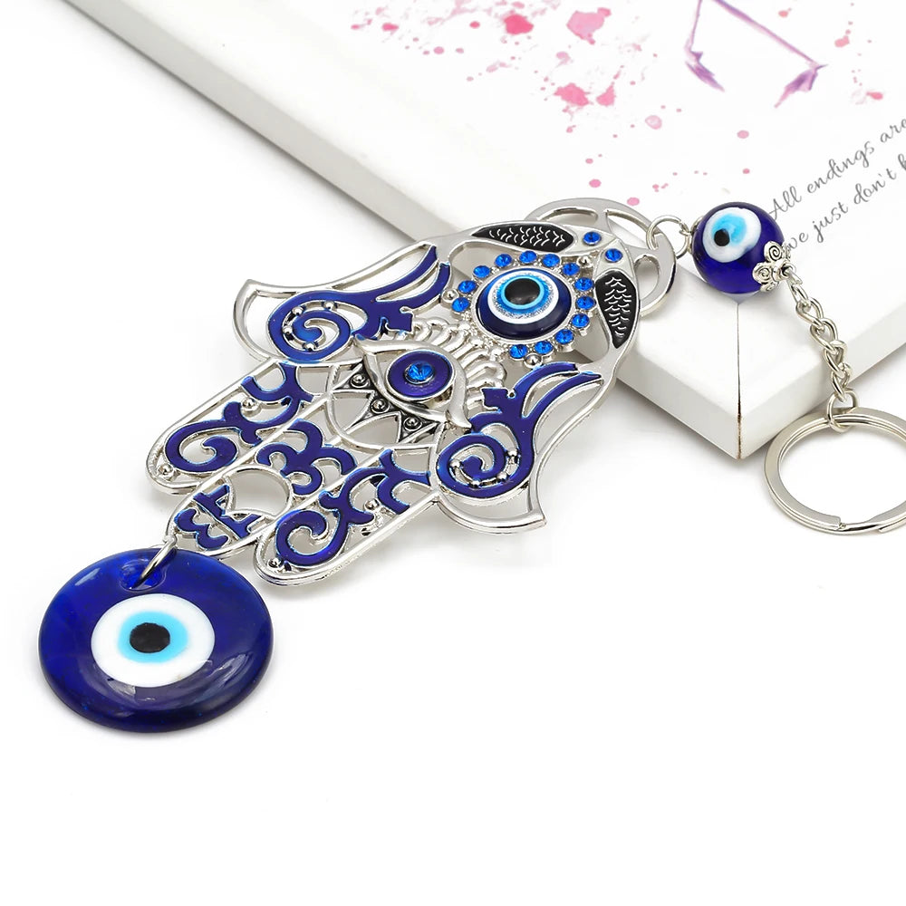 Lucky Eye Alloy Fatima Hamsa Hand Wall Hanging Glass Turkish Evil Eye Keychain Car Keyring for Women Men pulseras bijoux צמידים