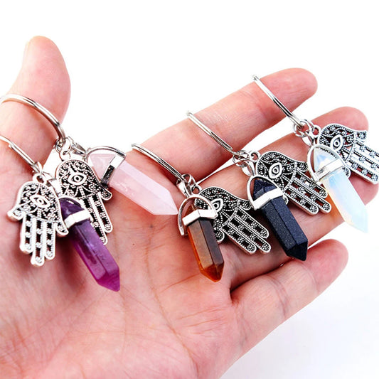 1Pc Natural Stone Crystal Points Keychain with Hamsa Hand Evil Eye Charms Reiki Energy Good Luck Amulet for DIY Jewelry Making