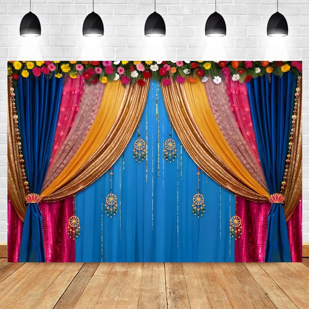 Indian Traditional Photography Background Marigold Green Leaf Hindu Indian Wedding Holi Flowers Garland Anniversary Backdrops