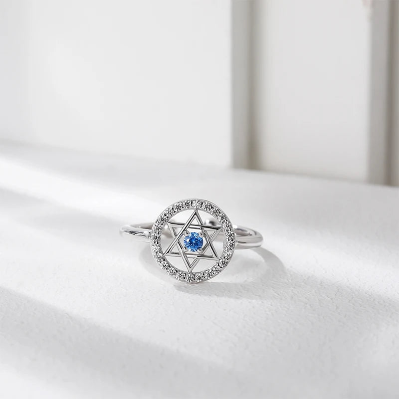 Trumium Jewish Star of David Rings for Women 925 Sterling Silver Blue Zirconia Open Finger Ring Protection Amulet Jewelry Gifts