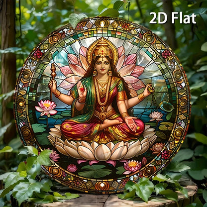 A statue of an Indian goddess sitting on a lotus throne sign,serene and sacred image,ideal spiritual space decoration,room décor