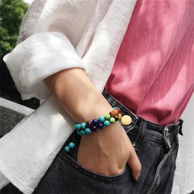 Double Layer 7 Chakra Bracelets for Women Men Indian Yoga Bracelet Chakra Pray Lava Stone Beads Bangles Bracelet Healing Jewelry