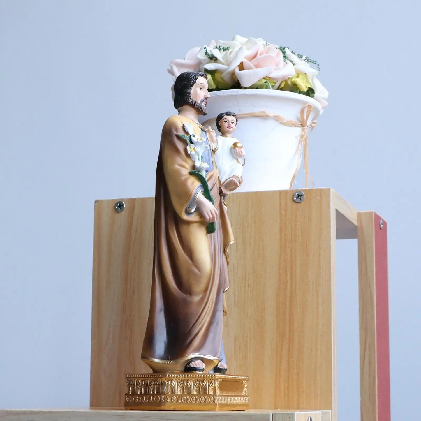 St. Joseph and Child Jesus on Base Heavenly Protectors 20cm Resin and Stone Religious Gift Decoration