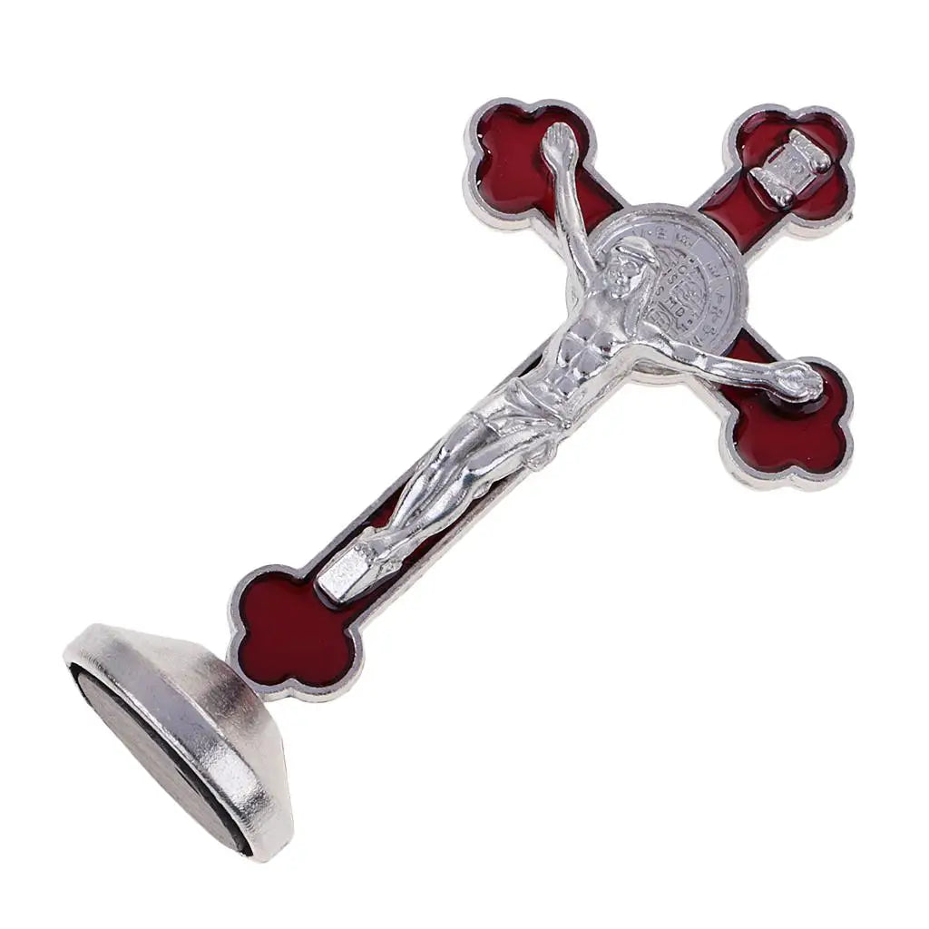 Catholic Crucifix Statue St Benedict Standing Alloy Cross Sculpture for Religious Items Home Decor